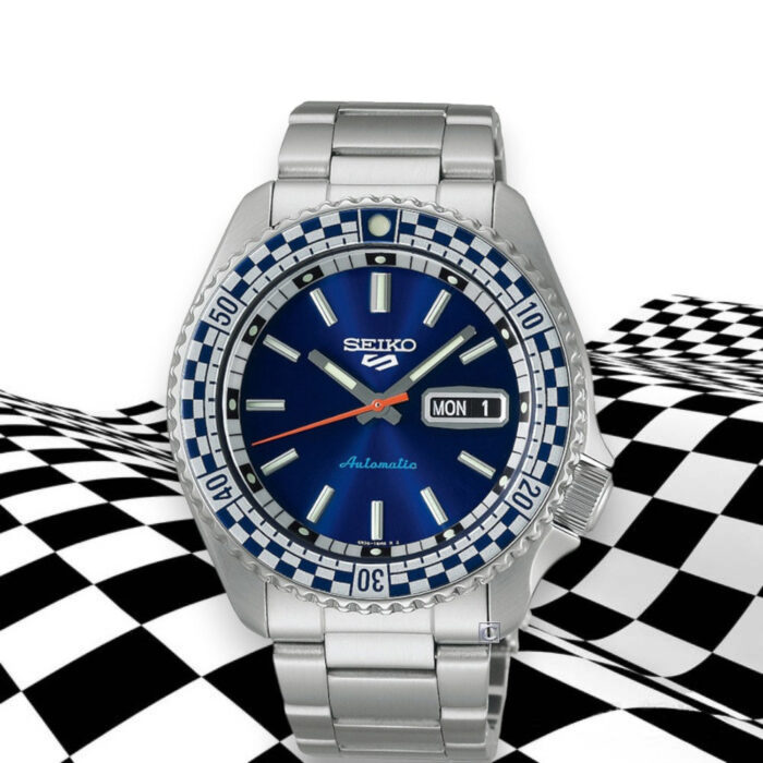 Seiko 5 Sports Petrol Blue Checker Flag Special Edition Blue Dial Silver Steel Strap Watch For Men - SRPK65K1 - Image 9